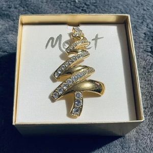 Monet Bright Gold & Rhinestones Stylized Z Christmas Tree Pin Brooch